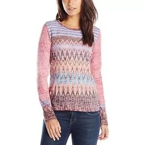 Prana Lottie Long Sleeve Yoga Shirt Pink Print Blue Aztec Print Tee